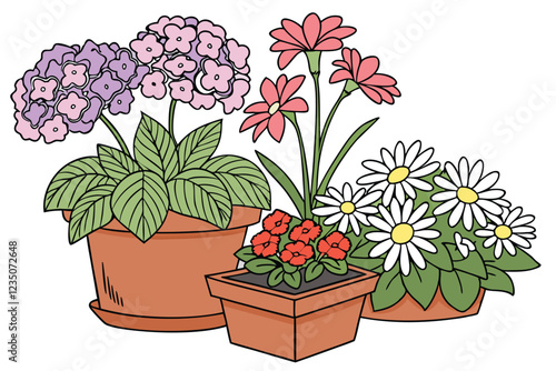 Colorful potted flowers, vibrant floral arrangement, assorted blooming plants, terracotta and ceramic pots, hydrangeas, daisies, petunias, impatiens, indoor gardening, spring colors, botanical variety