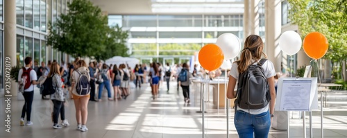 Vibrant College Fair with Booths, Students Exploring Opportunities at University Campus Event with Orange and White Balloon Decorations, Copy Space