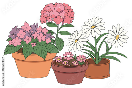 Colorful potted flowers, vibrant floral arrangement, assorted blooming plants, terracotta and ceramic pots, hydrangeas, daisies, petunias, impatiens, indoor gardening, spring colors, botanical variety