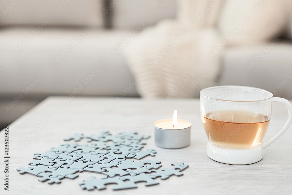 cozy living room table featuring partially completed puzzle cup of tea and small candle providing soft light