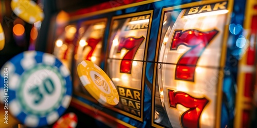 Casino Slot Machine Gambling with Lucky Seven and Poker Chips Game Entertainment, Las Vegas Night Life Gambling Concept