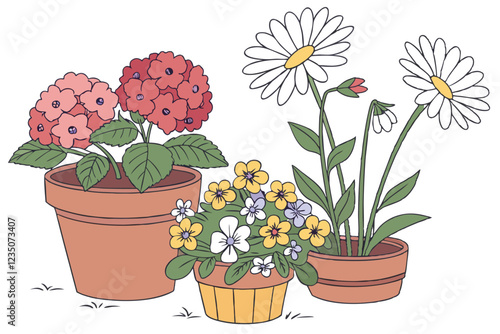 Colorful potted flowers, vibrant floral arrangement, assorted blooming plants, terracotta and ceramic pots, hydrangeas, daisies, petunias, impatiens, indoor gardening, spring colors, botanical variety