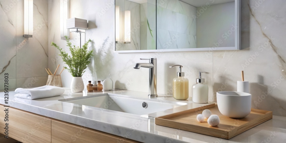 Modern bathroom with a white ceramic sink, chrome faucet, and marble countertop Modern bathroom with a white ceramic sink, chrome faucet, and marble countertop