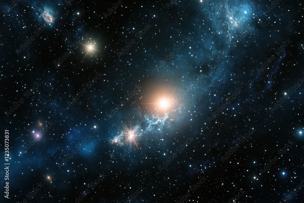 Naklejka premium Stunning view of a cosmic landscape filled with distant stars and colorful nebulae