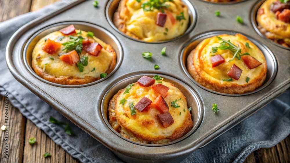 Homemade Savory Egg Muffins Topped with Ham and Fresh Herbs in a Metal Baking Pan Homemade Savory Egg Muffins Topped with Ham and Fresh Herbs in a Metal Baking Pan