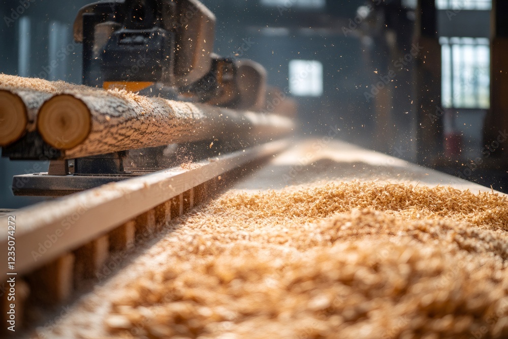 Woodworking machine processing logs in a sawmill creating sawdust Woodworking machine processing logs in a sawmill creating sawdust