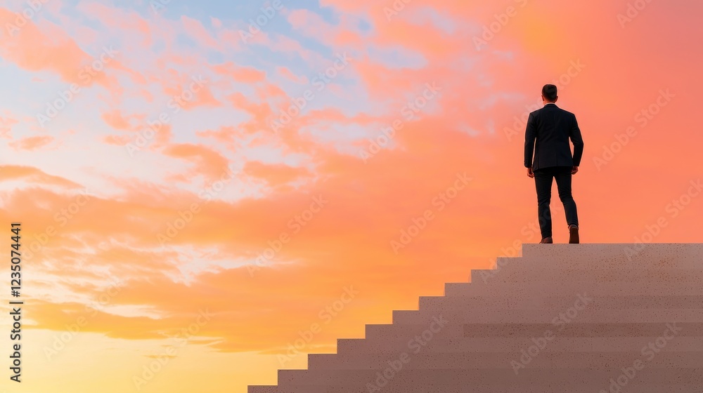 Silhouette of Person Climbing Staircase Against Beautiful Sky During Sunset with Vibrant Colors