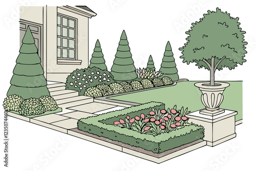  Garden design, ornamental shrubs, evergreen trees, colorful flower beds, topiary art, landscaping elements, perennial plants, texture variety, seasonal blooms, manicured lawns, botanical composition,
