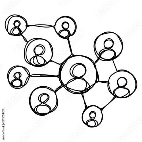 Dessin en ligne continue symbolisant un réseau de communication, relations entre individus, line art, vecteur