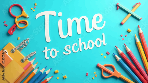 Time to school. Bright color banner with school supplies. Flying stationery on blue background. Advertising of educational institutions, shops selling school attributes