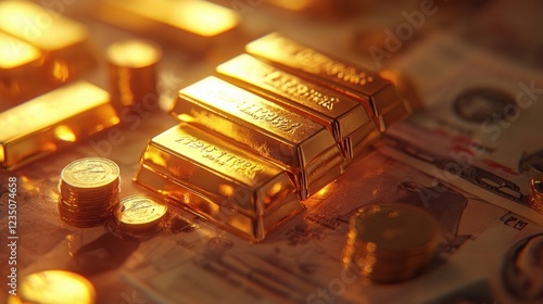 Shiny gold bars and coins stacked atop banknotes