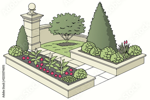 Garden design, ornamental shrubs, evergreen trees, colorful flower beds, topiary art, landscaping elements, perennial plants, texture variety, seasonal blooms, manicured lawns, botanical composition,