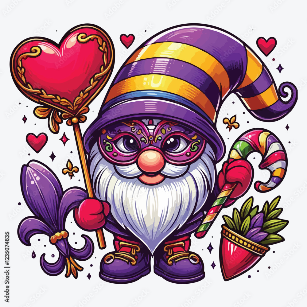 Obraz premium Mardi Gras Gnomes with mask, fleur de lis, and a heart stock illustration