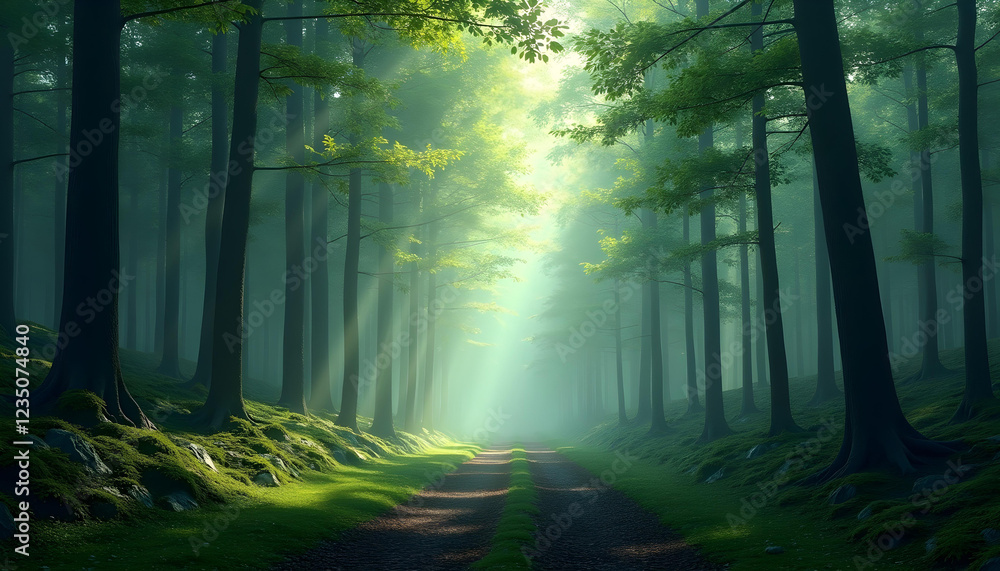Fototapeta premium Fondo de bosque precioso con rayos de Sol a través de las hojas de los árboles