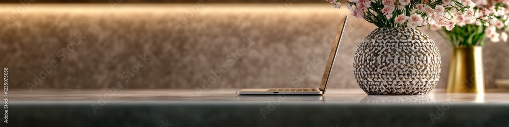 Laptop and flowers on a countertop in a modern setting. Laptop and flowers on a countertop in a modern setting.