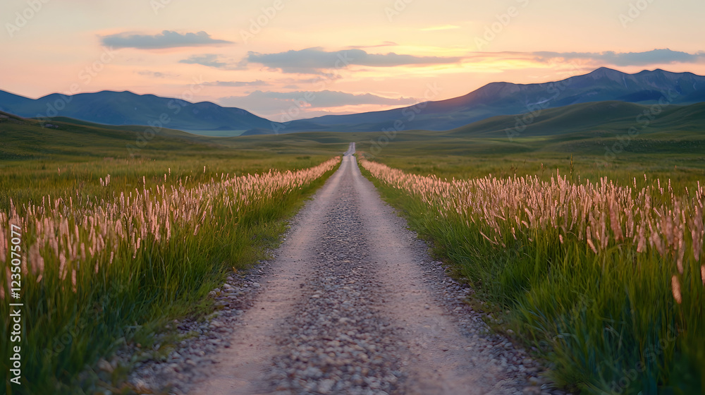 Naklejka premium Sunset road through grassy plains, mountains background, travel photography