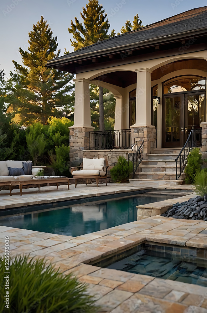 Fototapeta premium Luxury Home with Stunning Pool and Backyard Oasis: Resort-Style Living at its Finest