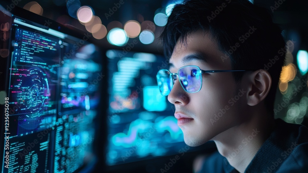 Programmer Analyzing Data on Multiple Screens at Night Programmer Analyzing Data on Multiple Screens at Night