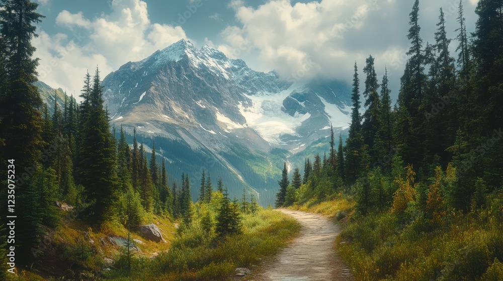 Scenic mountain view with a winding path through trees