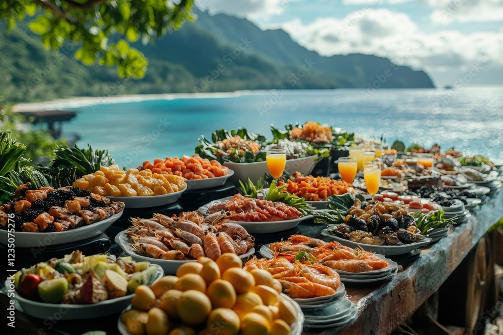 Stunning tropical buffet displaying fresh seafood and exotic fruits by the ocean Stunning tropical buffet displaying fresh seafood and exotic fruits by the ocean