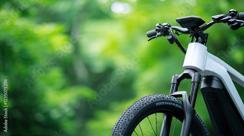 detailed close-up of electric bike charging port highlighting sleek modern design with blurred green surroundings and