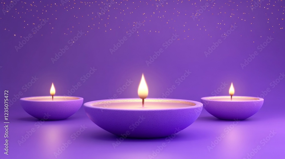 Three purple candles illuminate a serene, purple background with golden sparkles. Three purple candles illuminate a serene, purple background with golden sparkles.