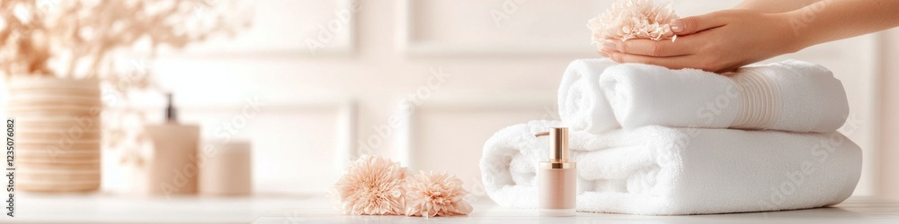 Spa background. Spa-like setting with fluffy towels, delicate flowers, and a pump dispenser. Spa background. Spa-like setting with fluffy towels, delicate flowers, and a pump dispenser.