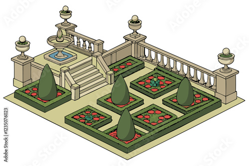 Ornate formal garden elements, topiary sculptures, manicured hedges, colorful flower beds, classical fountains, stone balustrades, cypress trees, spherical shrubs, lush landscaping, vibrant perennials