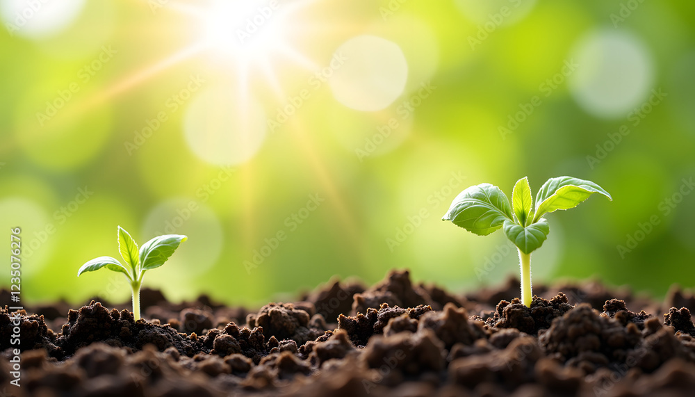 Sprouting plants growing in rich soil under bright sunlight Sprouting plants growing in rich soil under bright sunlight