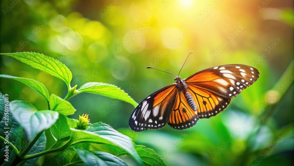 Naklejka premium A vibrant butterfly with black, white, and orange wings hovers against a backdrop of lush green foliage and bright sunlight.