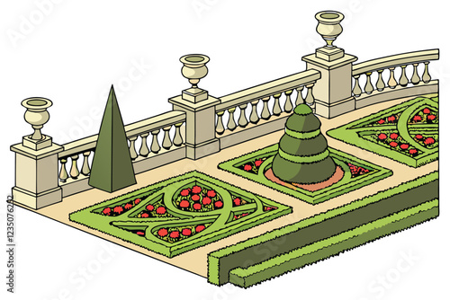 Ornate formal garden elements, topiary sculptures, manicured hedges, colorful flower beds, classical fountains, stone balustrades, cypress trees, spherical shrubs, lush landscaping, vibrant perennials