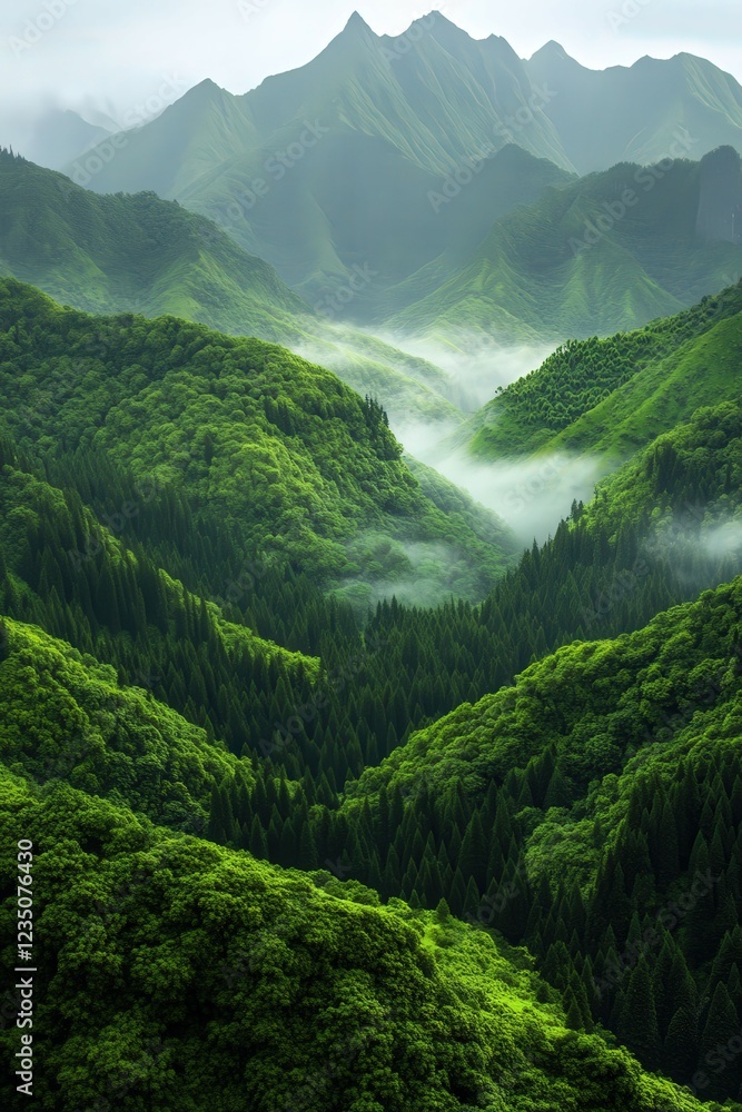 Fototapeta premium Lush green valleys shrouded in mist during early morning