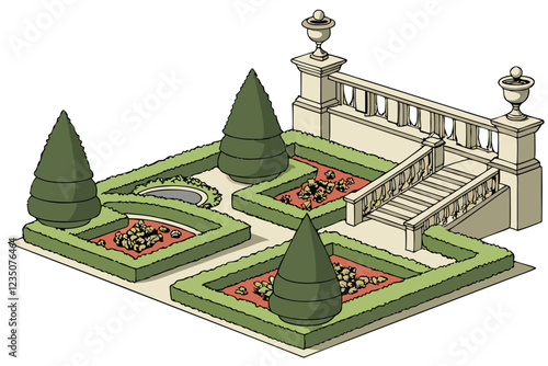 Ornate formal garden elements, topiary sculptures, manicured hedges, colorful flower beds, classical fountains, stone balustrades, cypress trees, spherical shrubs, lush landscaping, vibrant perennials