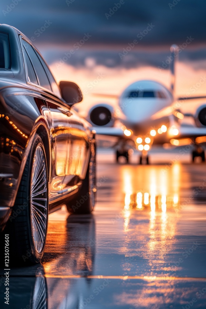 Obraz premium Luxury car and private jet at sunset, a symbol of success and travel.