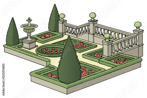 Ornate formal garden elements, topiary sculptures, manicured hedges, colorful flower beds, classical fountains, stone balustrades, cypress trees, spherical shrubs, lush landscaping, vibrant perennials