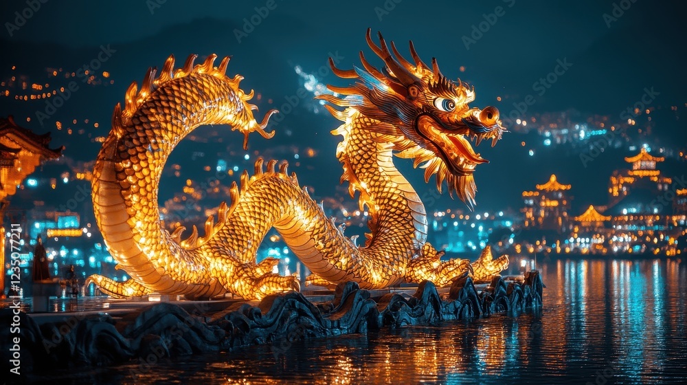 Obraz premium Illuminated dragon sculpture by a waterfront at night, showcasing cultural art.