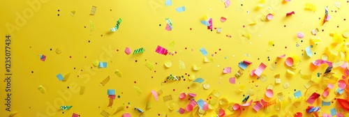 Colorful confetti and streamers floating in the air on a yellow background. The concept of a holiday, party, or special event. photo