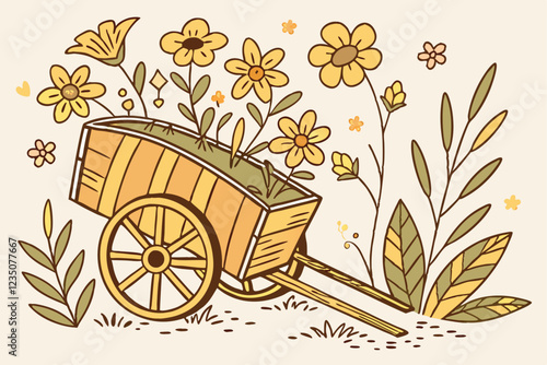Whimsical wooden wagon planter, vibrant yellow flowers, wildflowers, botanical illustration, watercolor style, cheerful garden scene, rustic charm, golden tones, delicate petals, green leaves, summer 