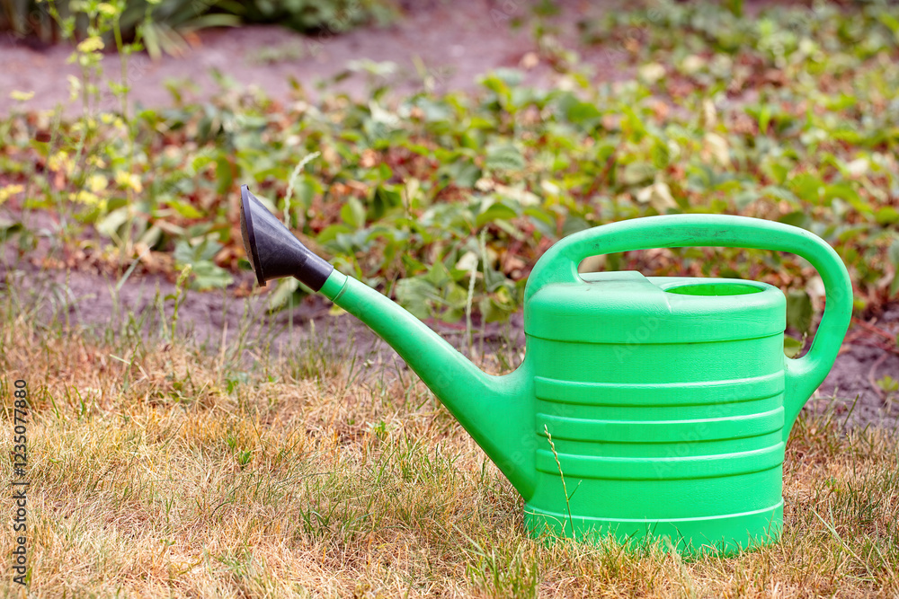 Vibrant green watering can rests on the grass ready for gardening tasks in the sunny afternoon. Copy space. Vibrant green watering can rests on the grass ready for gardening tasks in the sunny afternoon. Copy space.