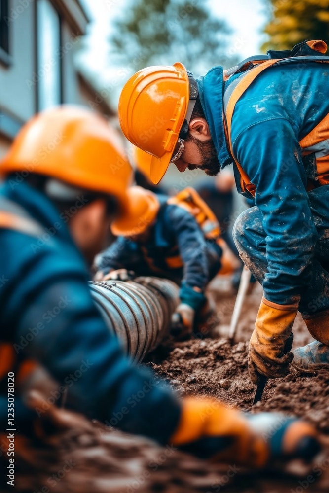 Construction workers installing underground pipes. Construction workers installing underground pipes.