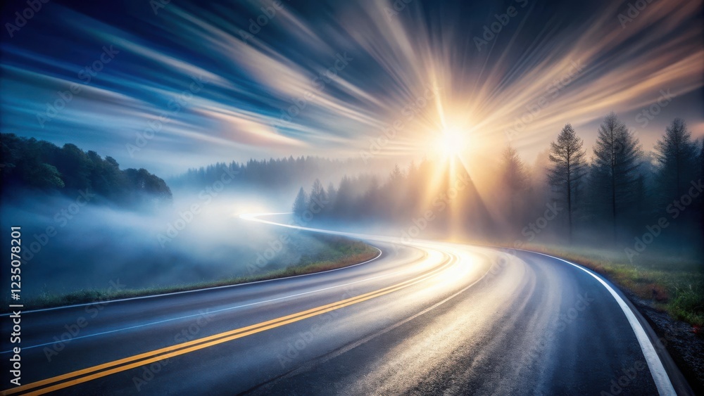 Naklejka premium A winding road through a misty forest, bathed in the golden rays of the rising sun, creating a sense of tranquility and adventure