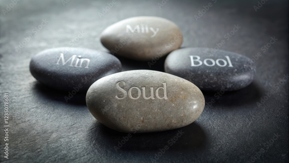 Four smooth, gray stones with white lettering, each stone displaying a different word Min, Mily, Bool, Soud. Four smooth, gray stones with white lettering, each stone displaying a different word Min, Mily, Bool, Soud.
