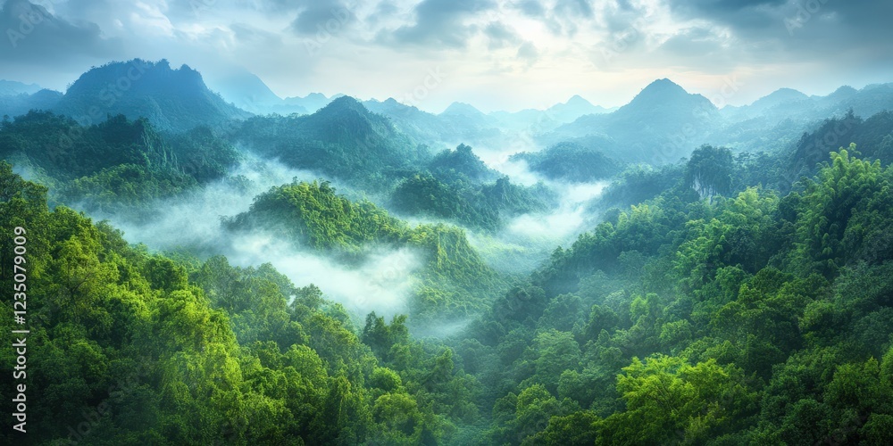 Lush green mountains shrouded in mist at dawn Lush green mountains shrouded in mist at dawn