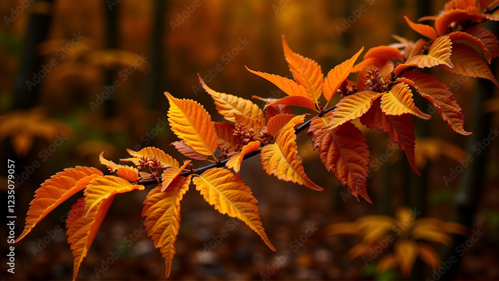 Warm Autumn Branch Adorned with Vibrant Orange and Russet Leaves Warm Autumn Branch Adorned with Vibrant Orange and Russet Leaves