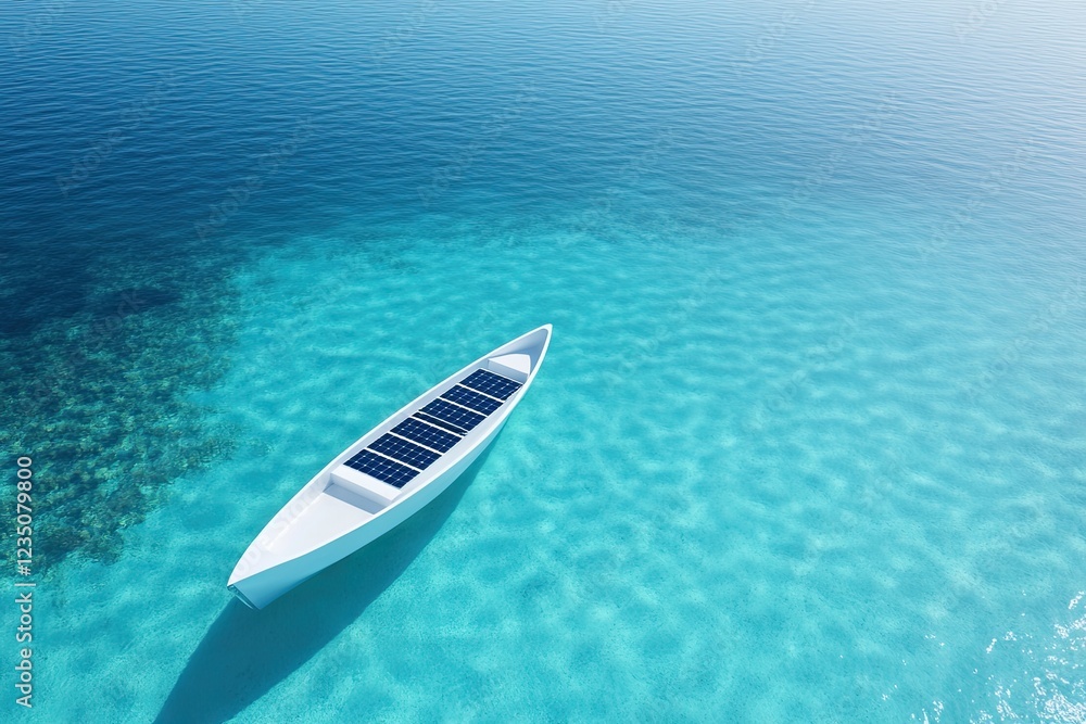 futuristic concept of solar-powered yacht gliding through crystal-clear water with vibrant reflections creating mesmerizing futuristic concept of solar-powered yacht gliding through crystal-clear water with vibrant reflections creating mesmerizing