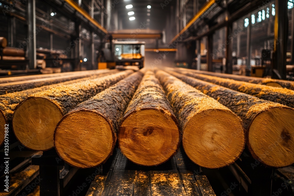 Many logs are being processed inside a sawmill Many logs are being processed inside a sawmill