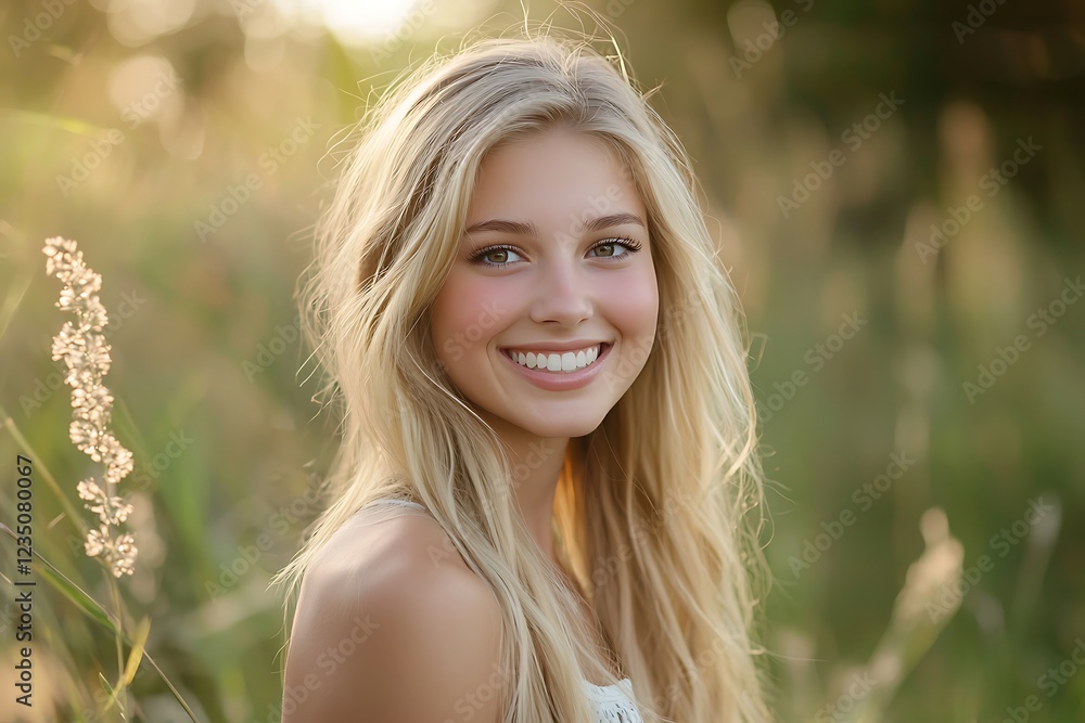 Naklejka premium Portrait a smiling beautiful blonde woman with long