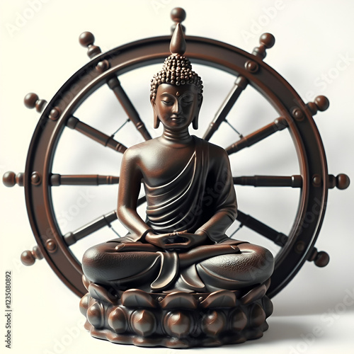 of a Buddha figure seated in a serene meditative pose set against the backdrop of the symbolic Wheel of Dharma conveying the concepts of spirituality enlightenment and the journey of self discovery photo