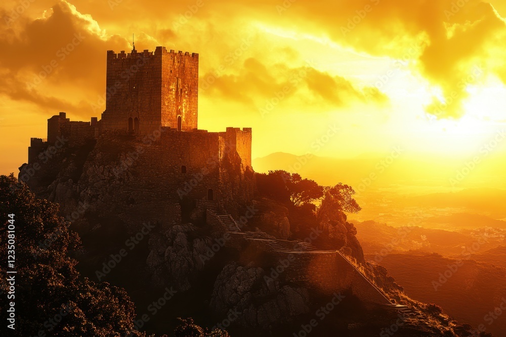 Obraz premium Majestic castle illuminated by sunset on a hilltop with dramatic clouds in the sky