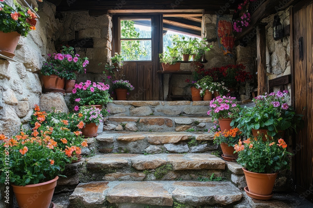 Fototapeta premium Stone staircase adorned with colorful potted flowers leading to rustic wooden door
